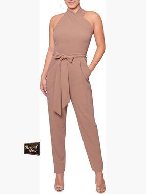 Large Formal Jumpsuit Halter Neck Sleeveless Belted Straight Leg Side Pockets